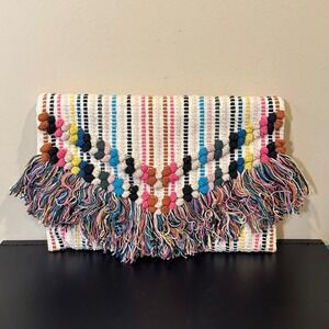 Sondra Roberts Squared Woven Striped Fringe Pom Pom Envelope Clutch Bag Multi